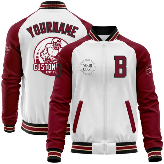 Custom White Black Crimson-City Cream Bomber Varsity Letterman Two Tone Zipper Jacket - Main View