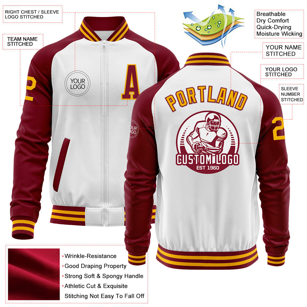 Custom White Gold-Crimson Bomber Varsity Letterman Two Tone Zipper Jacket view 4