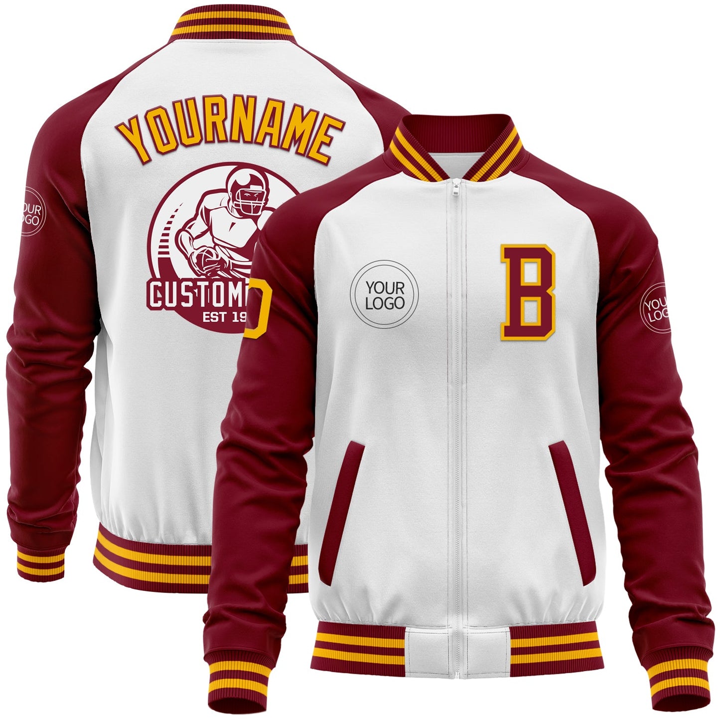 Custom White Gold-Crimson Bomber Varsity Letterman Two Tone Zipper Jacket - Main View