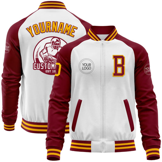 Custom White Gold-Crimson Bomber Varsity Letterman Two Tone Zipper Jacket - Main View