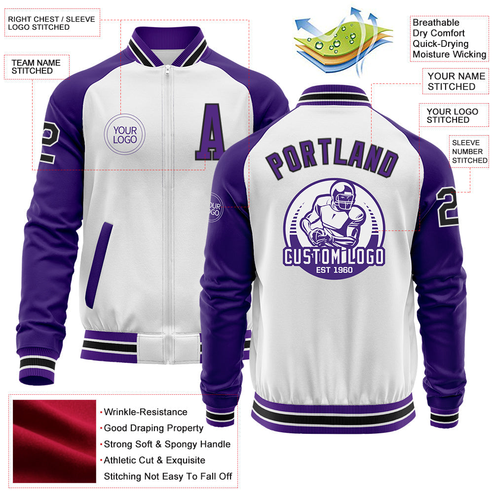 Custom White Black-Purple Bomber Varsity Letterman Two Tone Zipper Jacket view 4