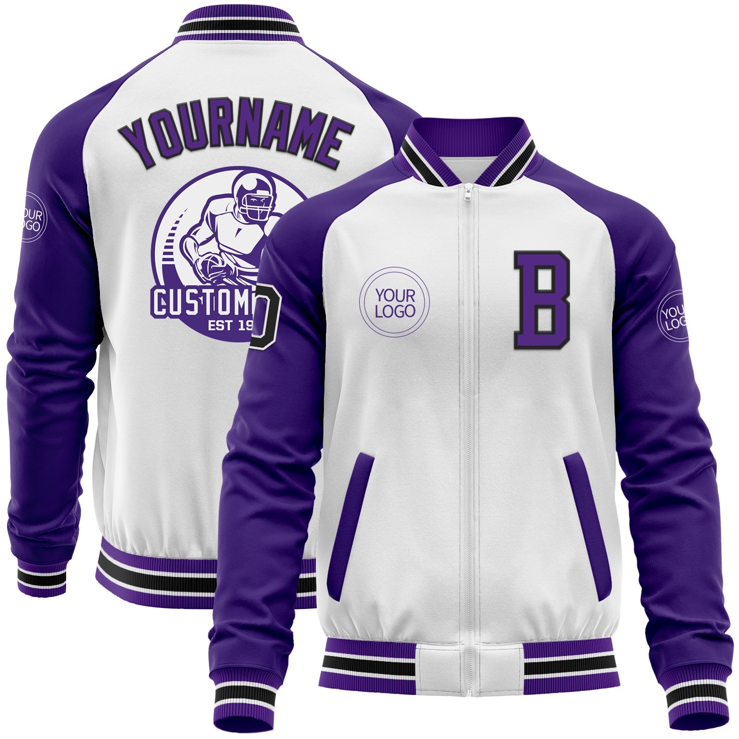 Custom White Black-Purple Bomber Varsity Letterman Two Tone Zipper Jacket - Main View