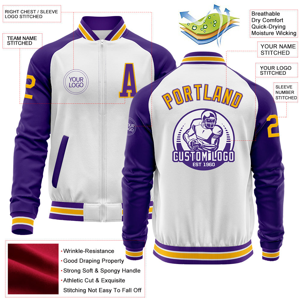 Custom White Gold-Purple Bomber Varsity Letterman Two Tone Zipper Jacket view 4