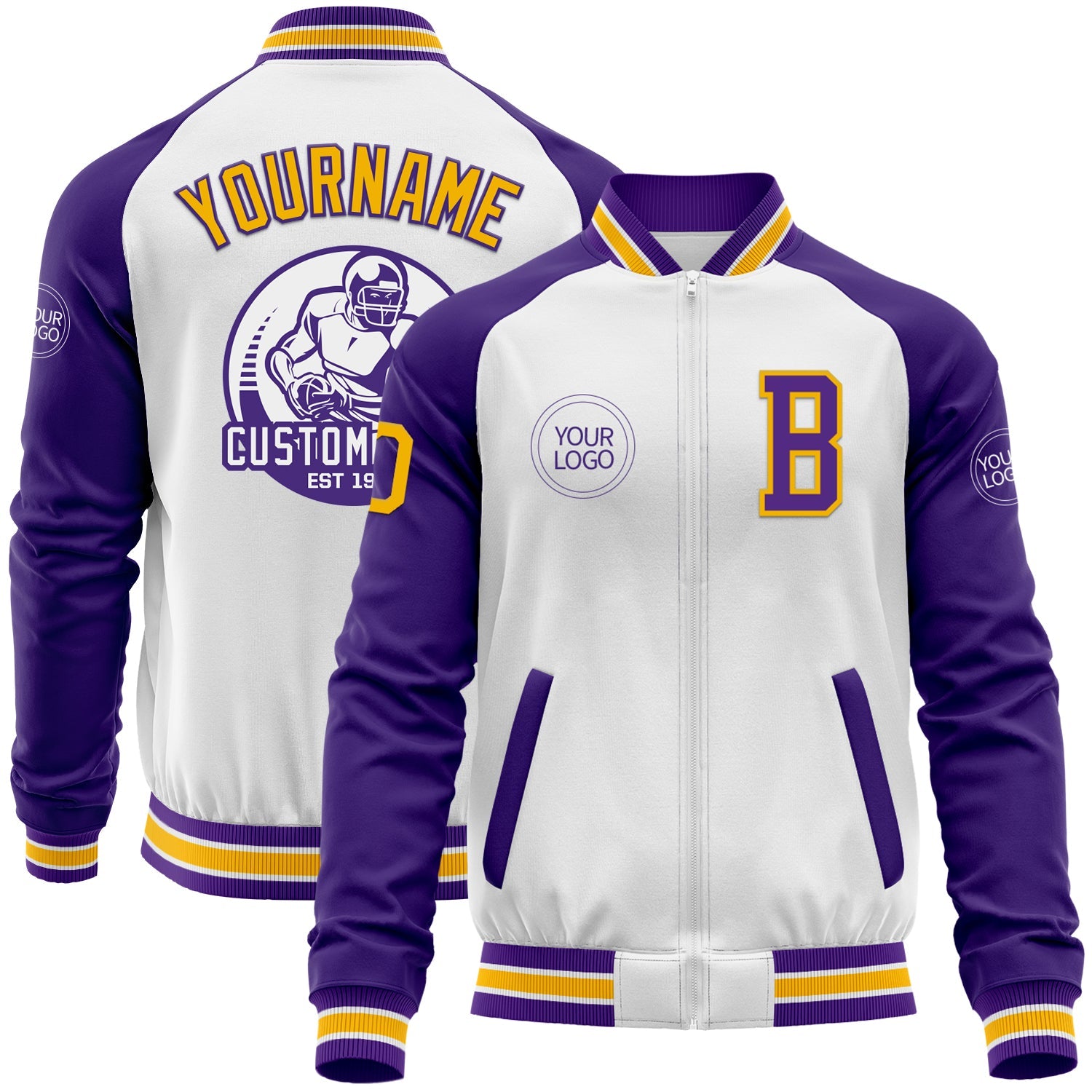 Custom White Gold-Purple Bomber Varsity Letterman Two Tone Zipper Jacket - Main View