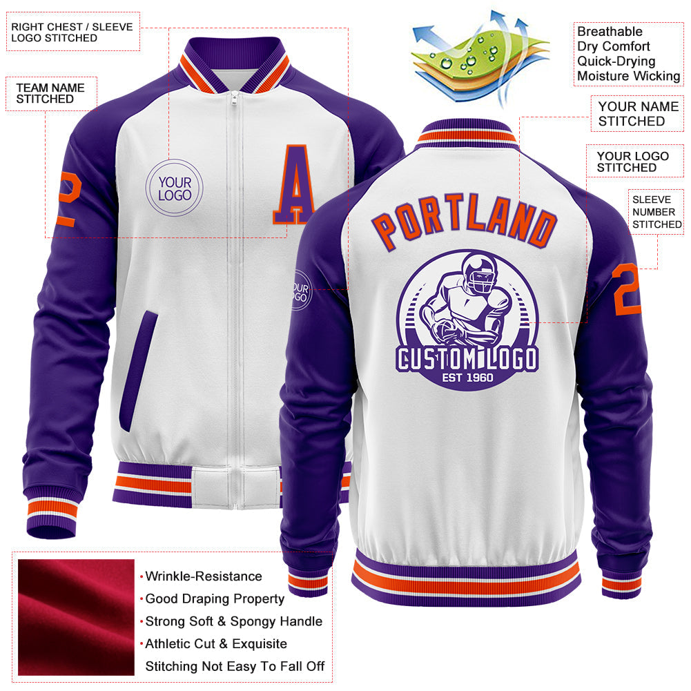 Custom White Orange-Purple Bomber Varsity Letterman Two Tone Zipper Jacket view 4