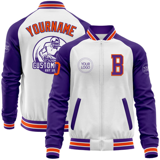 Custom White Orange-Purple Bomber Varsity Letterman Two Tone Zipper Jacket - Main View