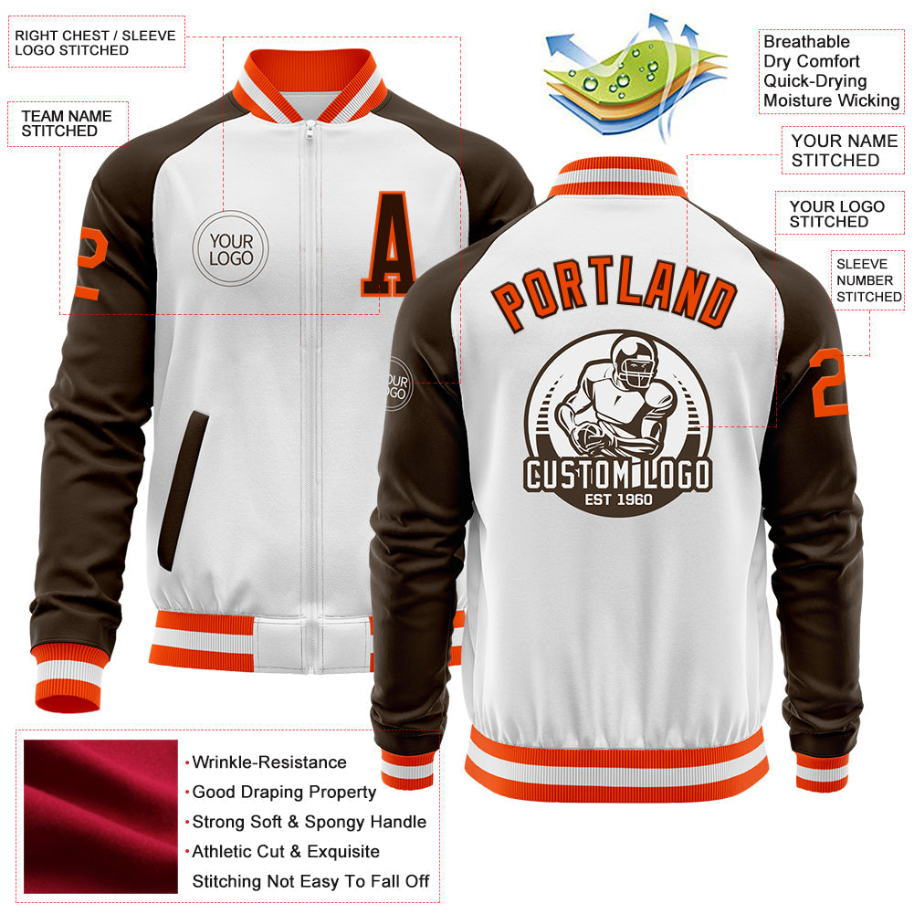 Custom White Orange-Brown Bomber Varsity Letterman Two Tone Zipper Jacket view 4