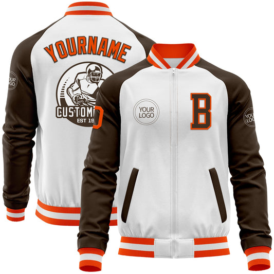 Custom White Orange-Brown Bomber Varsity Letterman Two Tone Zipper Jacket - Main View