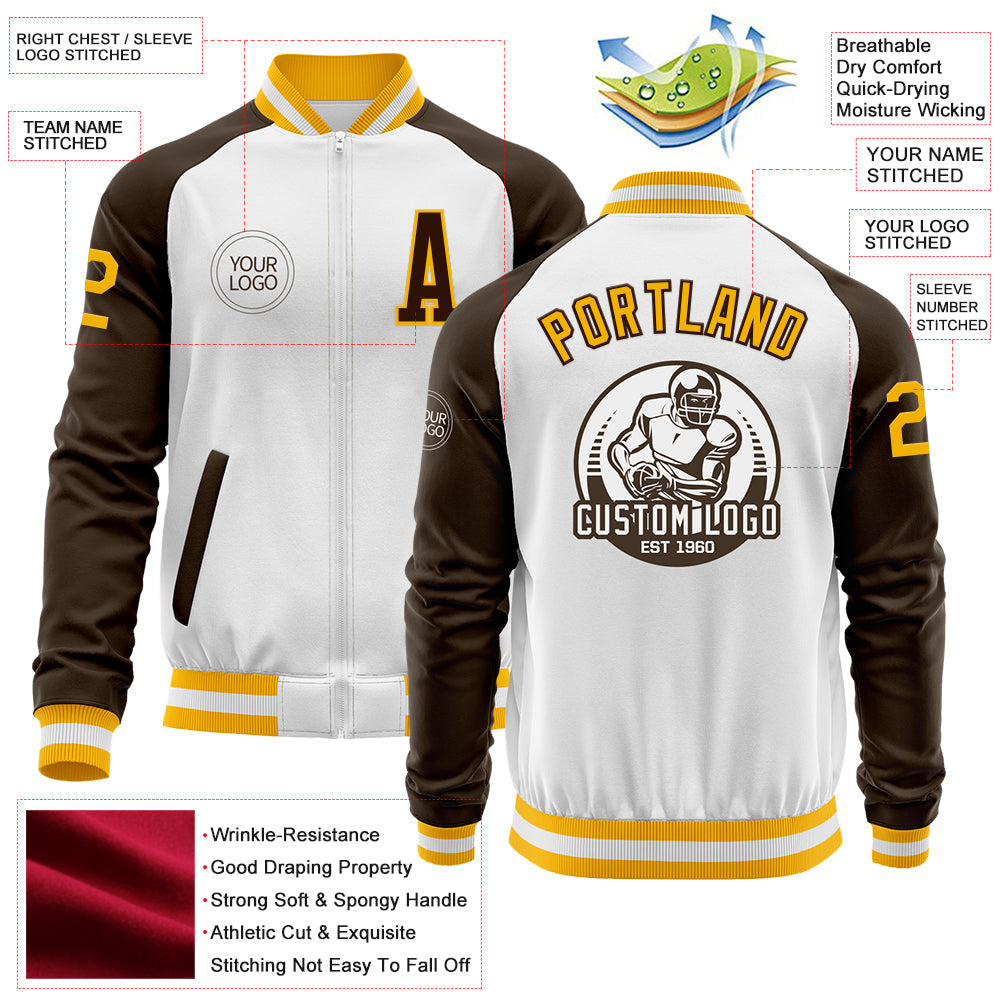 Custom White Gold-Brown Bomber Varsity Letterman Two Tone Zipper Jacket view 4