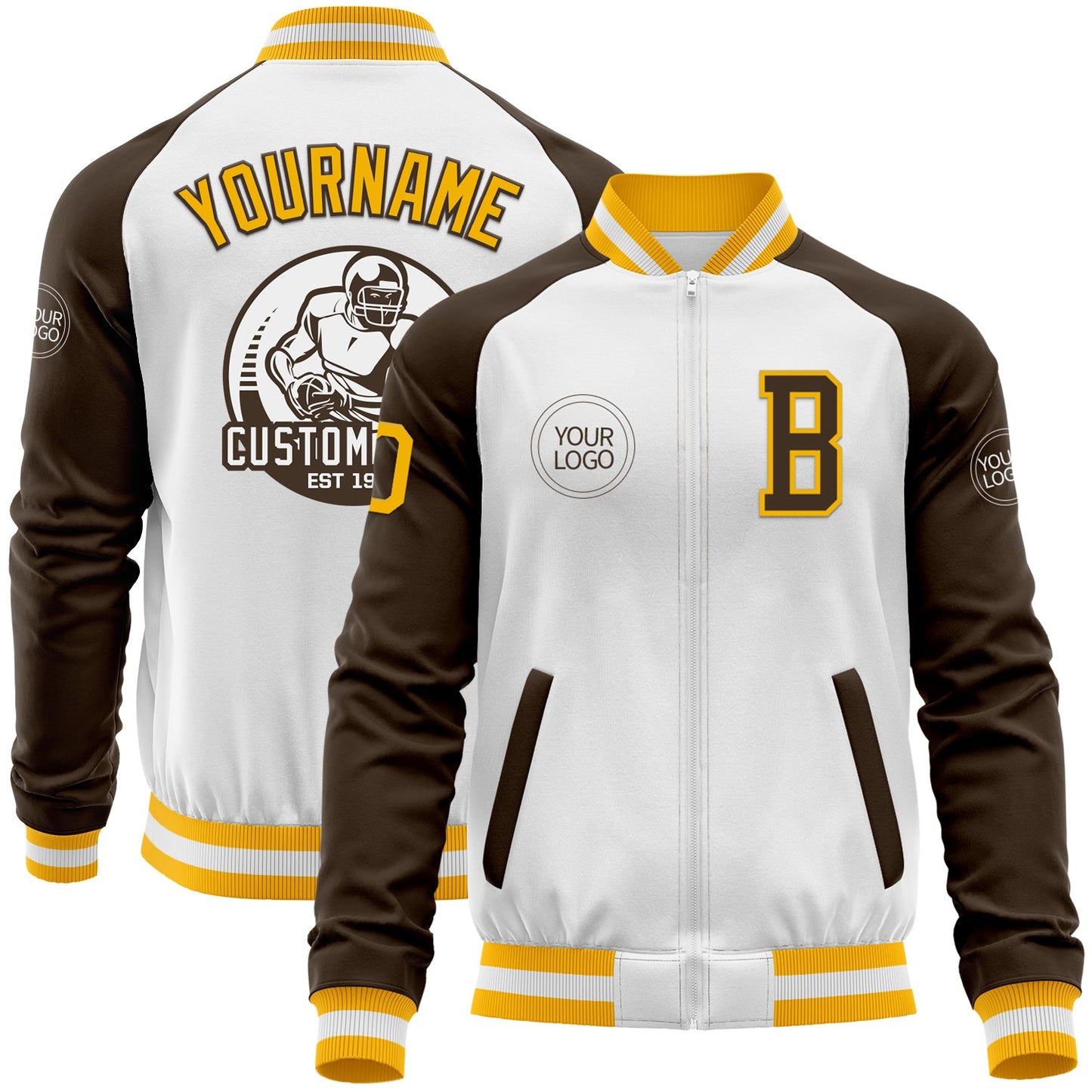 Custom White Gold-Brown Bomber Varsity Letterman Two Tone Zipper Jacket - Main View