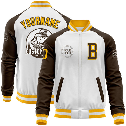 Custom White Gold-Brown Bomber Varsity Letterman Two Tone Zipper Jacket - Main View