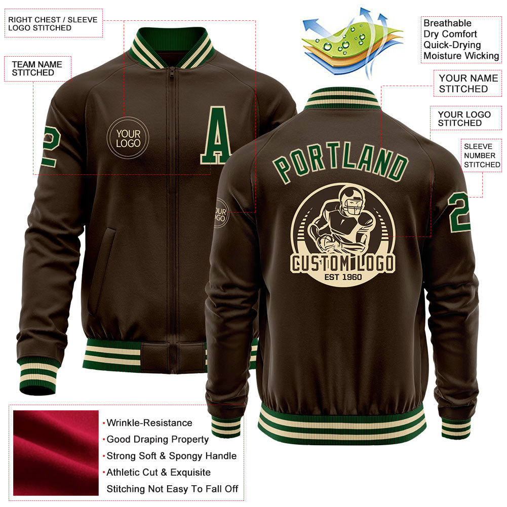 Custom Brown Green-Cream Bomber Varsity Letterman Zipper Jacket view 4