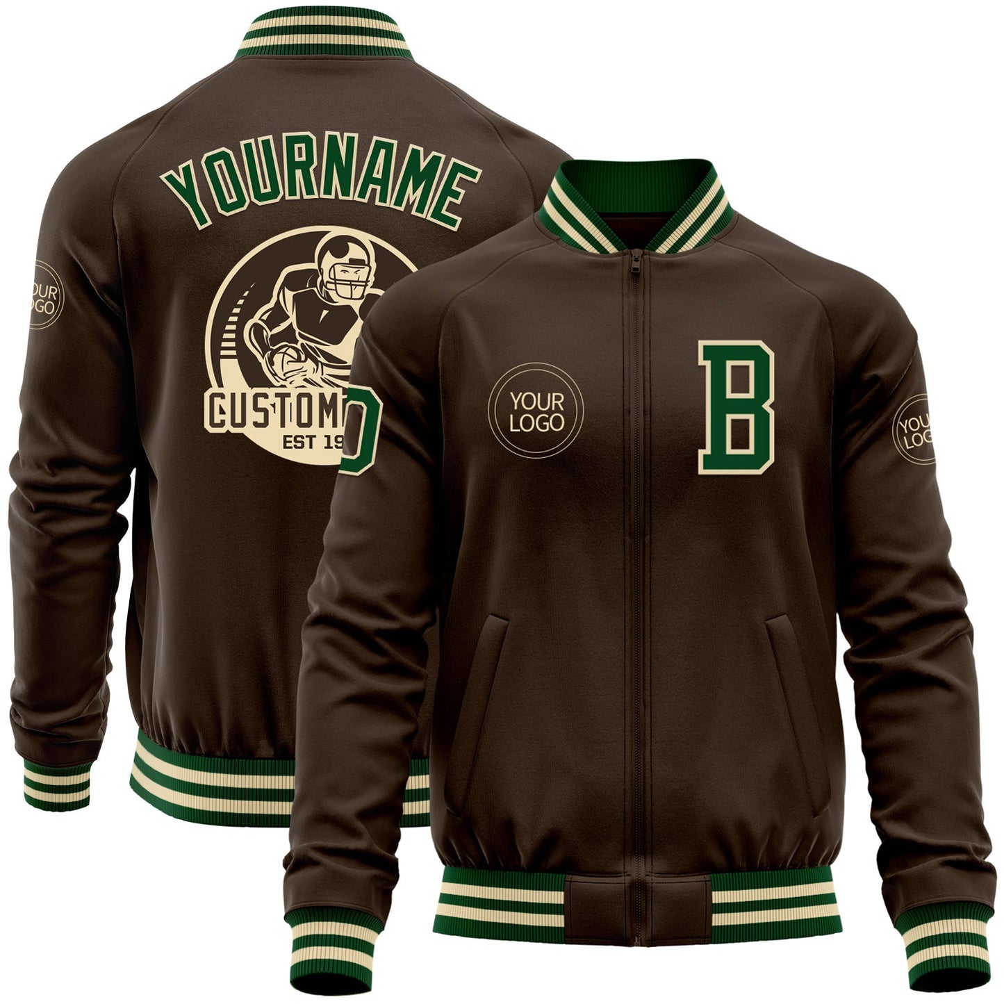 Custom Brown Green-Cream Bomber Varsity Letterman Zipper Jacket - Main View