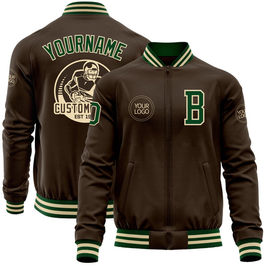 Custom Brown Green-Cream Bomber Varsity Letterman Zipper Jacket - Main View