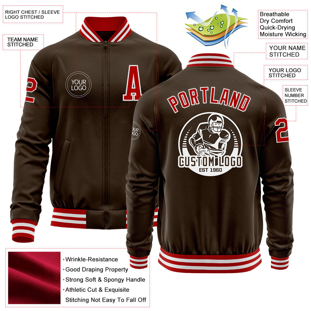 Custom Brown Red-White Bomber Varsity Letterman Zipper Jacket view 4