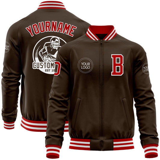 Custom Brown Red-White Bomber Varsity Letterman Zipper Jacket - Main View