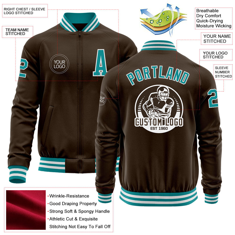Custom Brown Teal-White Bomber Varsity Letterman Zipper Jacket view 4
