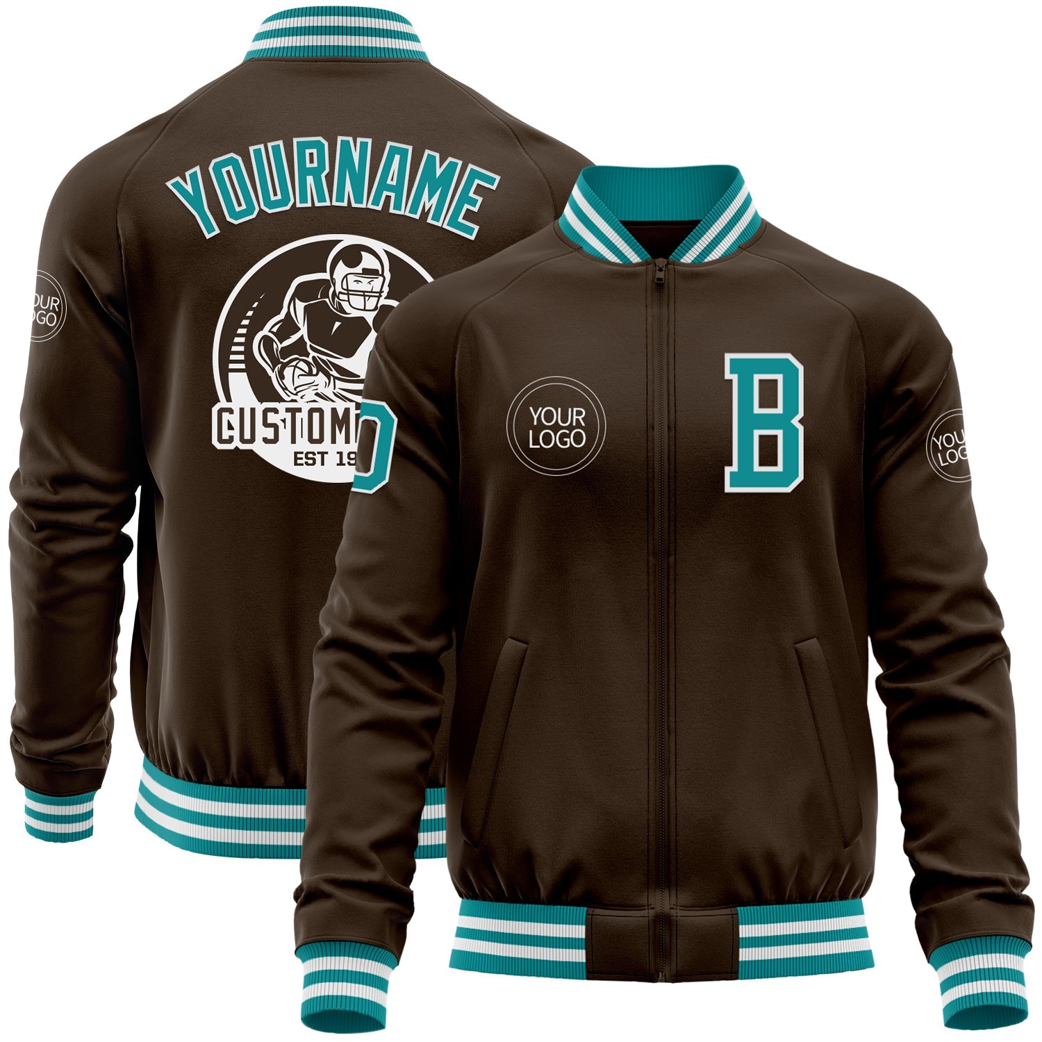 Custom Brown Teal-White Bomber Varsity Letterman Zipper Jacket - Main View