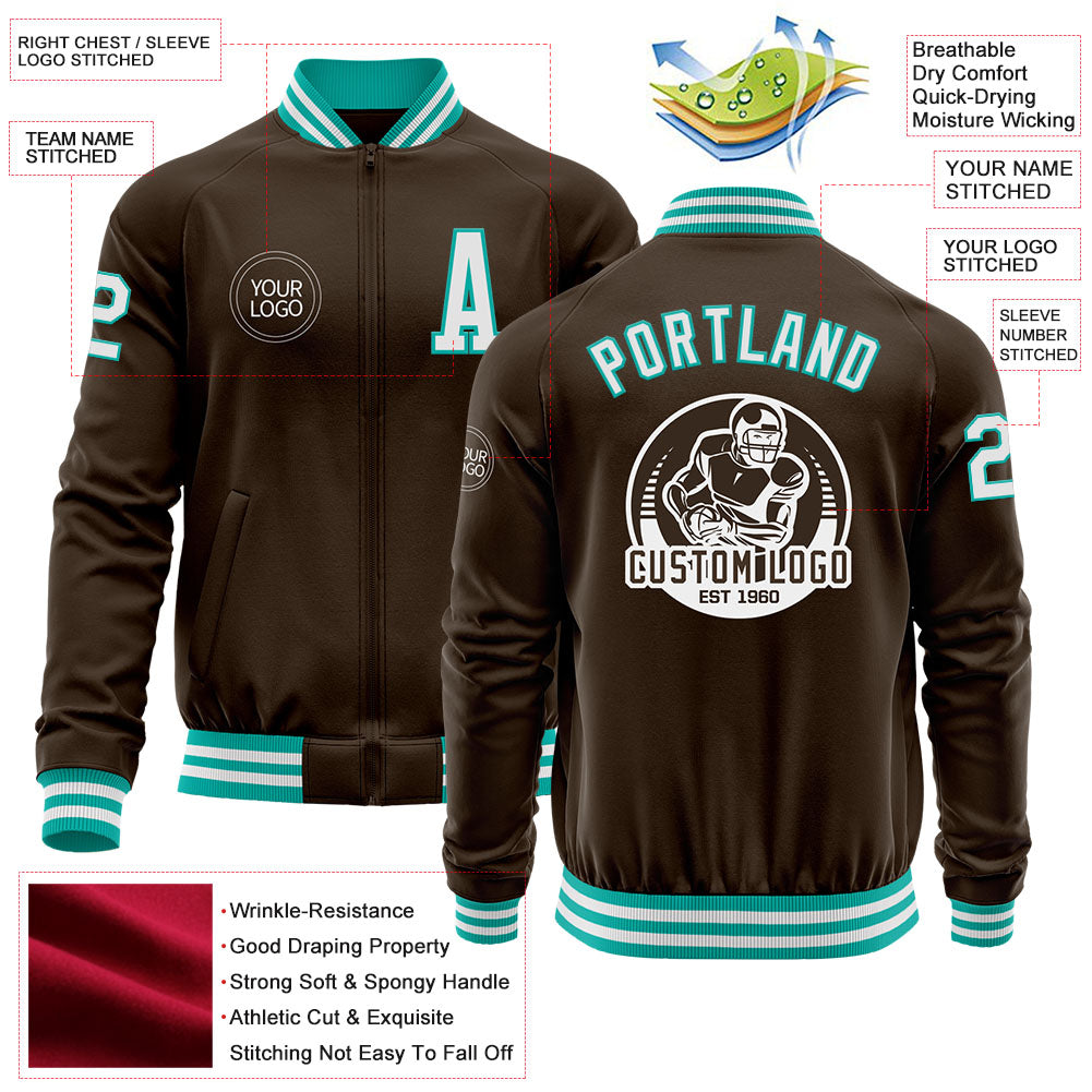 Custom Brown White-Aqua Bomber Varsity Letterman Zipper Jacket view 4