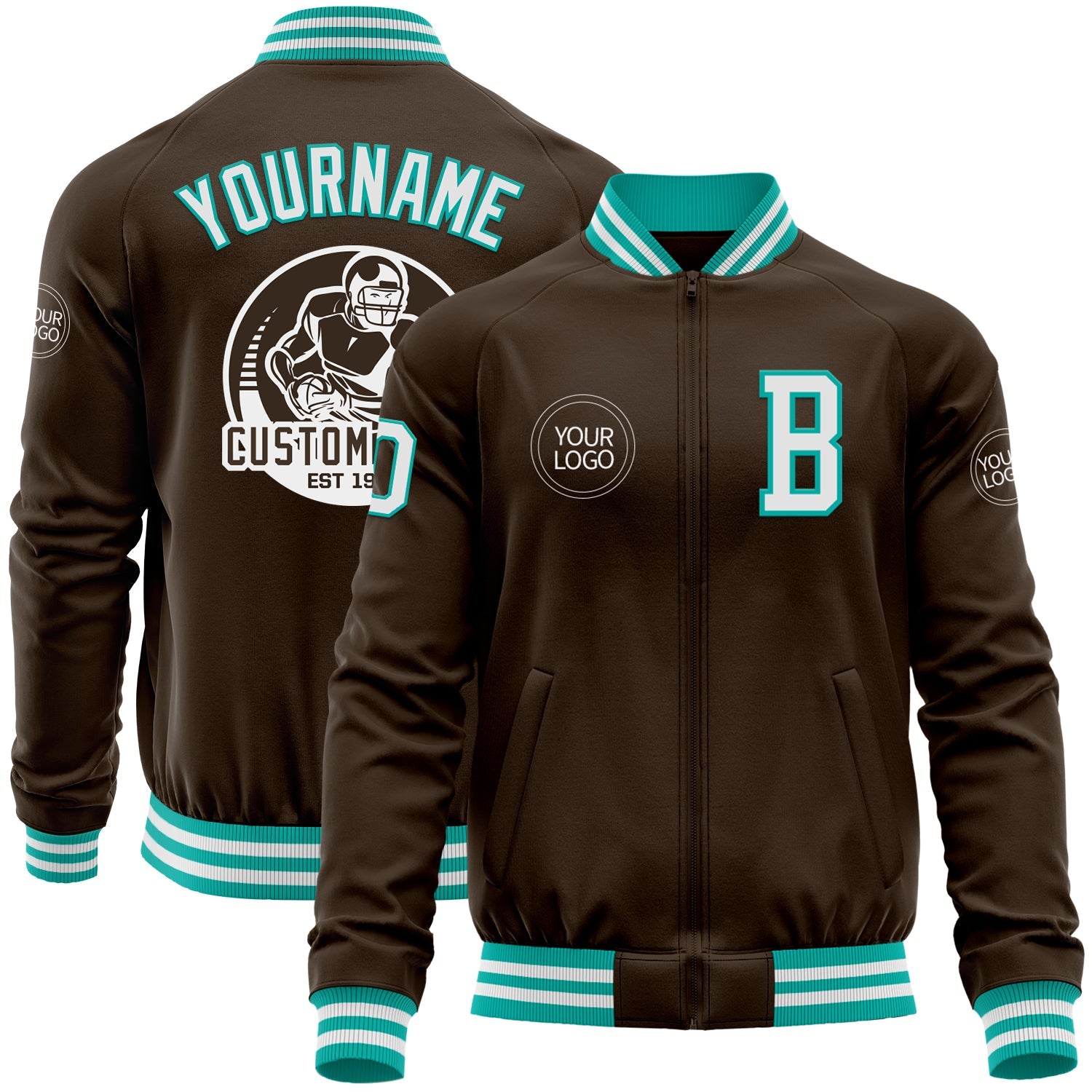 Custom Brown White-Aqua Bomber Varsity Letterman Zipper Jacket - Main View