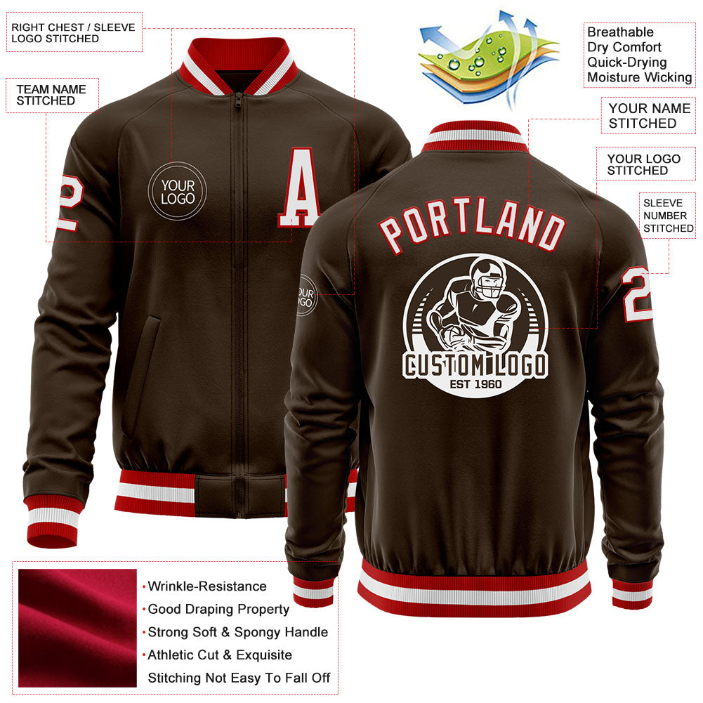 Custom Brown White-Red Bomber Varsity Letterman Zipper Jacket view 4