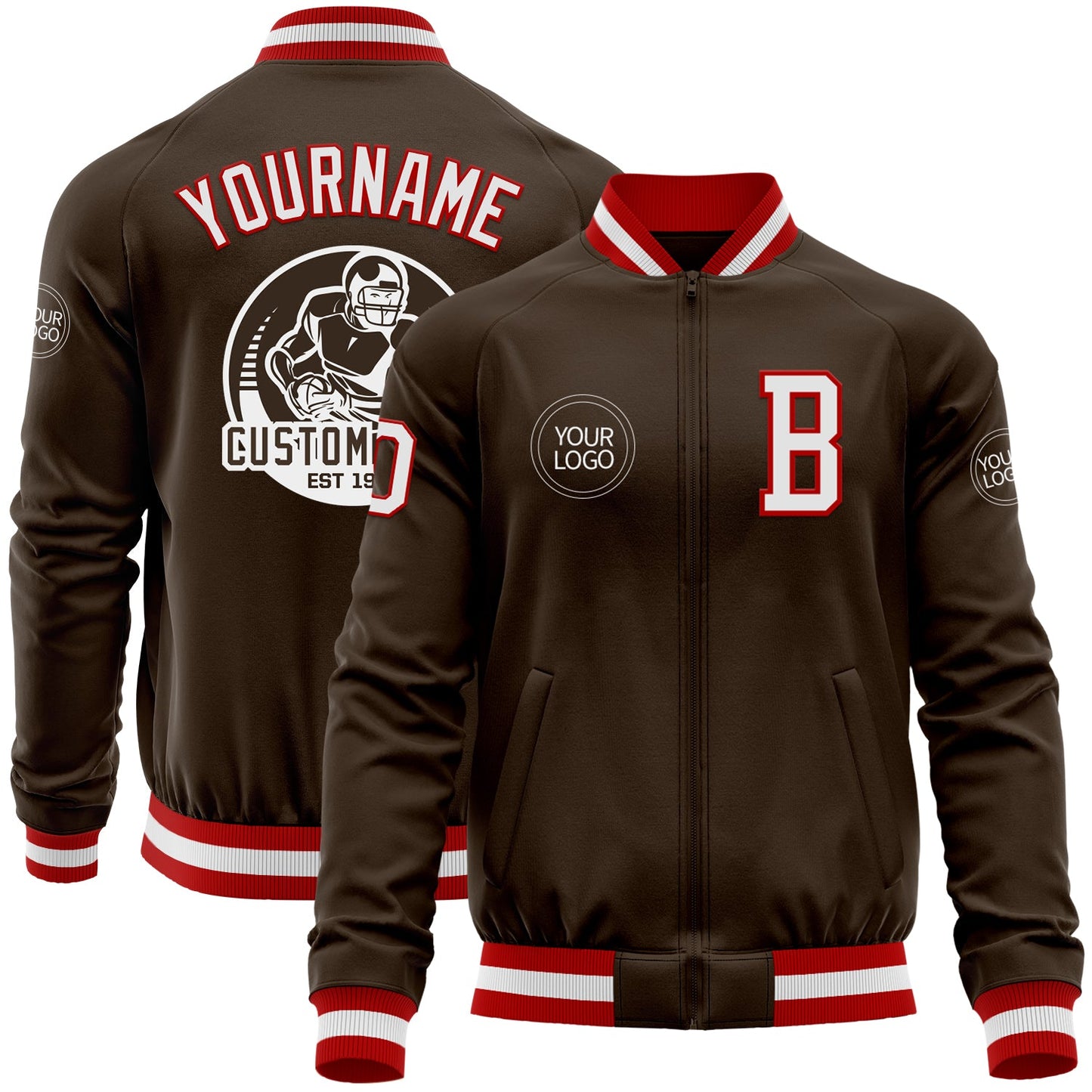 Custom Brown White-Red Bomber Varsity Letterman Zipper Jacket - Main View
