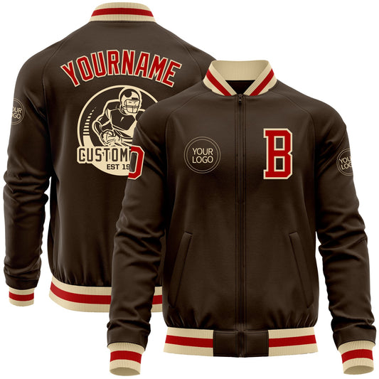 Custom Brown Red-Cream Bomber Varsity Letterman Zipper Jacket - Main View