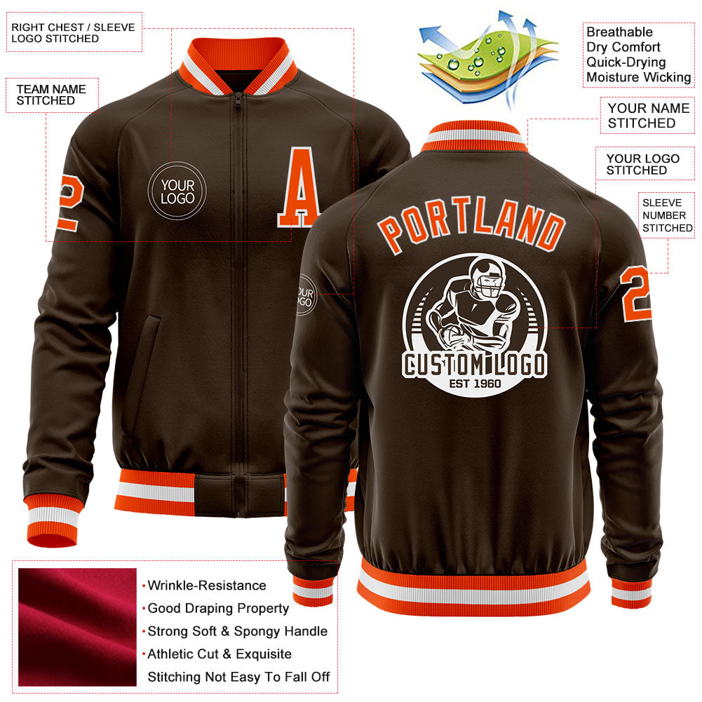 Custom Brown Orange-White Bomber Varsity Letterman Zipper Jacket view 4