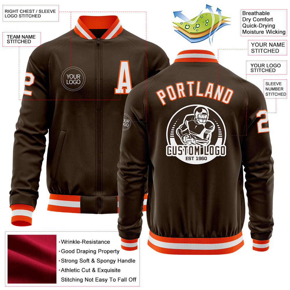 Custom Brown White-Orange Bomber Varsity Letterman Zipper Jacket view 4