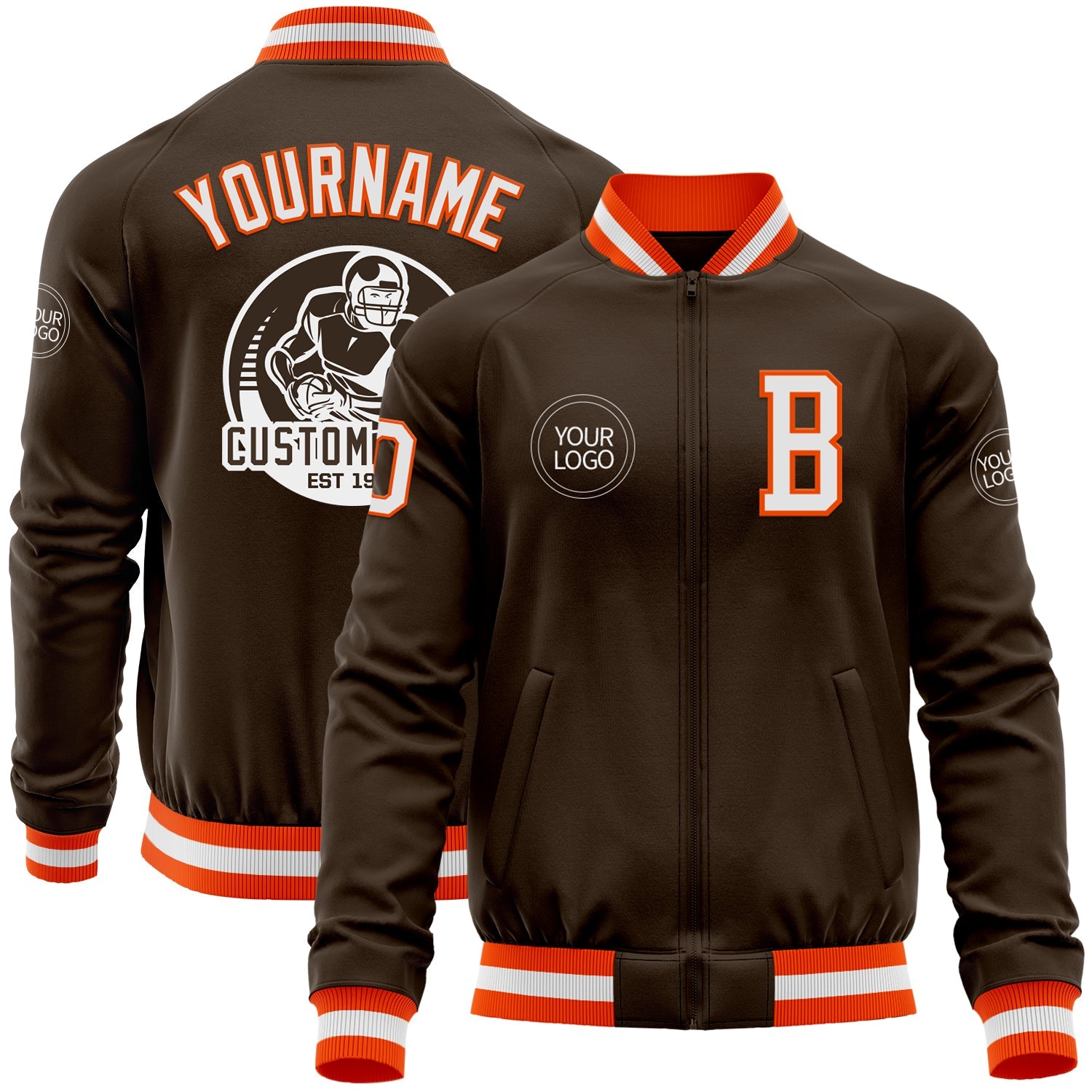 Custom Brown White-Orange Bomber Varsity Letterman Zipper Jacket - Main View