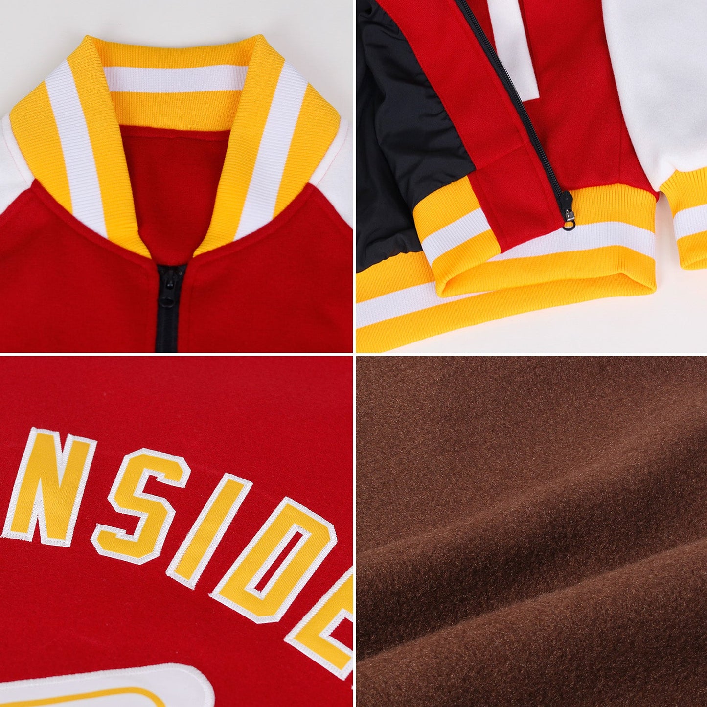 Custom Brown Gold-White Bomber Varsity Letterman Zipper Jacket view 2