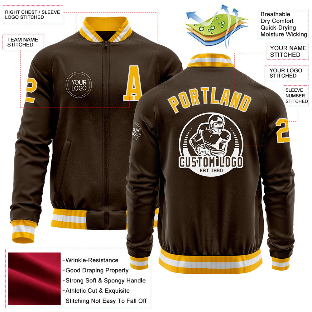 Custom Brown Gold-White Bomber Varsity Letterman Zipper Jacket view 4