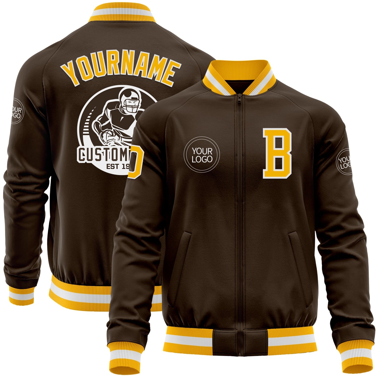 Custom Brown Gold-White Bomber Varsity Letterman Zipper Jacket - Main View