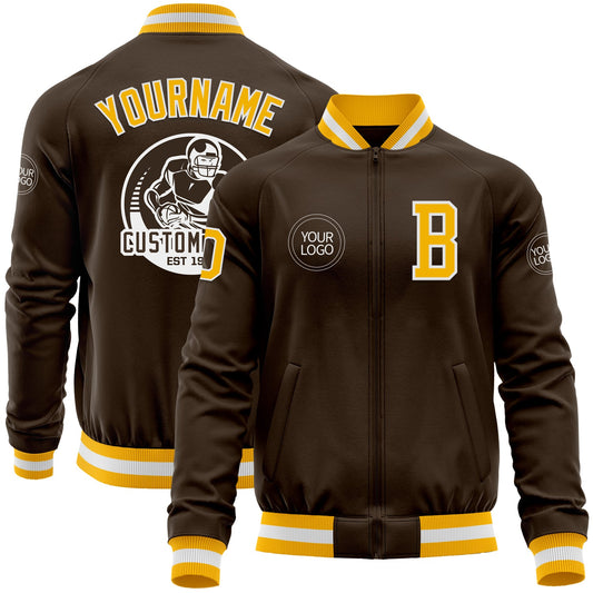 Custom Brown Gold-White Bomber Varsity Letterman Zipper Jacket - Main View