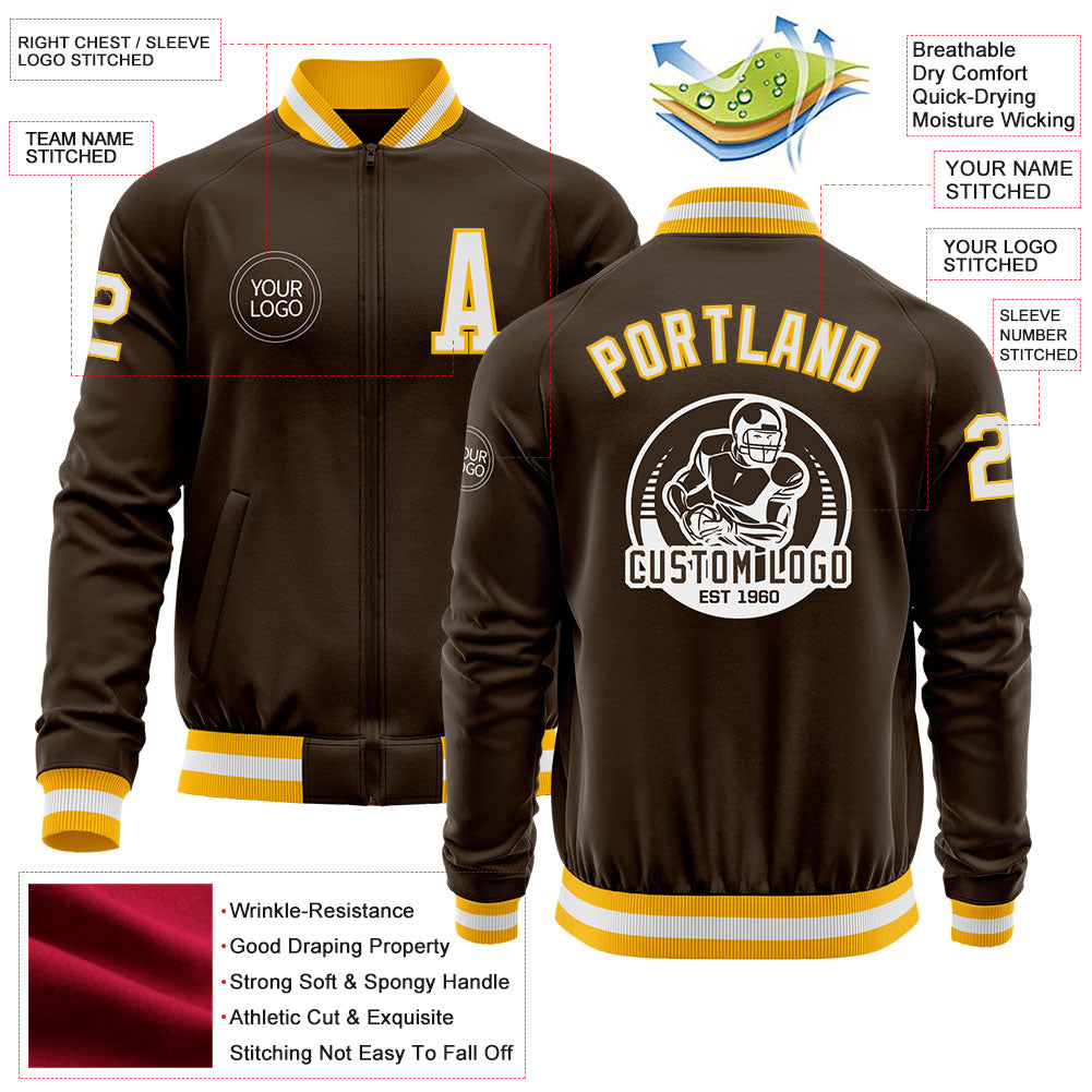 Custom Brown White-Gold Bomber Varsity Letterman Zipper Jacket view 4