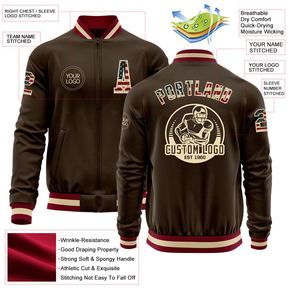 Custom Brown Vintage USA Flag Cream-Maroon Bomber Varsity Letterman Zipper Jacket view 4
