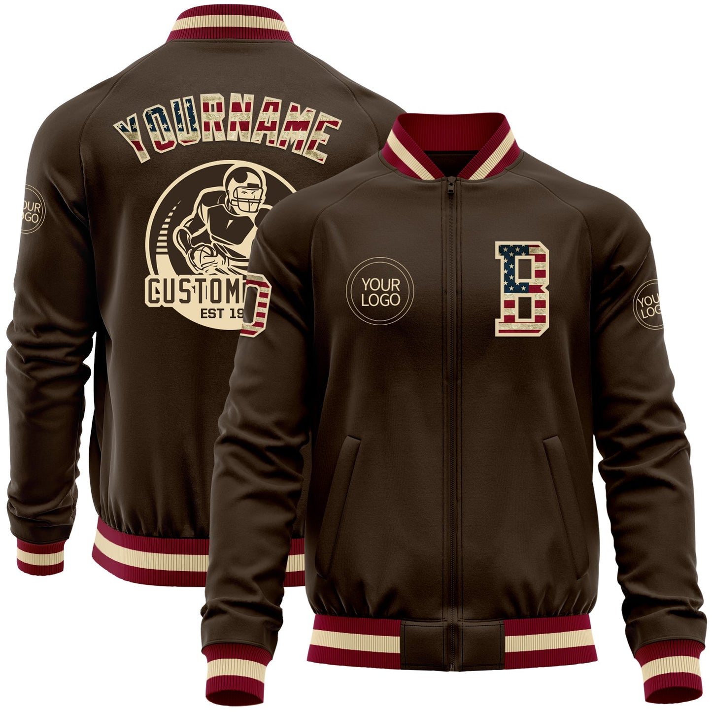 Custom Brown Vintage USA Flag Cream-Maroon Bomber Varsity Letterman Zipper Jacket - Main View