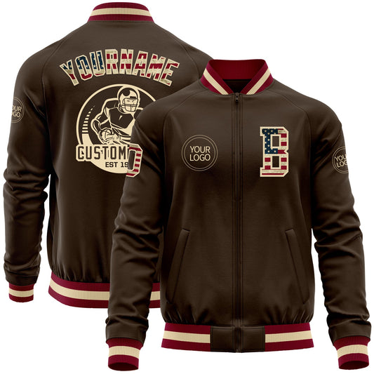 Custom Brown Vintage USA Flag Cream-Maroon Bomber Varsity Letterman Zipper Jacket - Main View