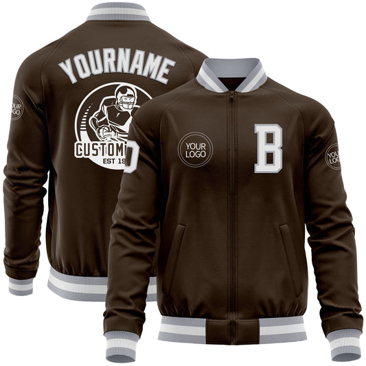 Custom Brown White-Gray Bomber Varsity Letterman Zipper Jacket - Main View