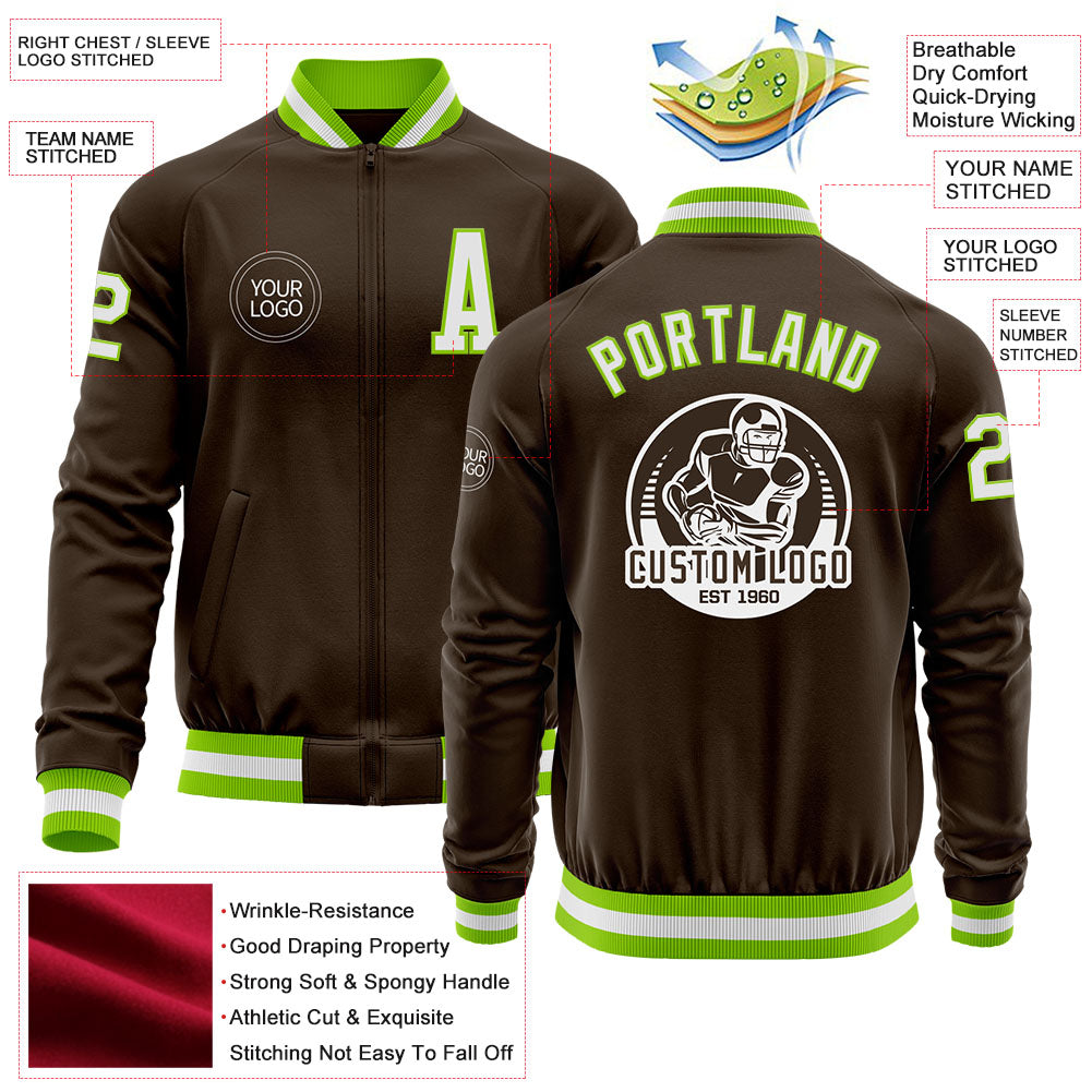 Custom Brown White-Neon Green Bomber Varsity Letterman Zipper Jacket view 4