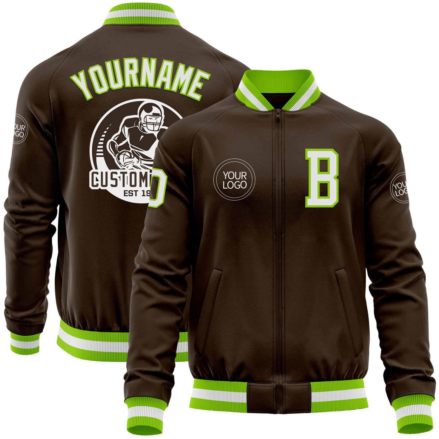 Custom Brown White-Neon Green Bomber Varsity Letterman Zipper Jacket - Main View