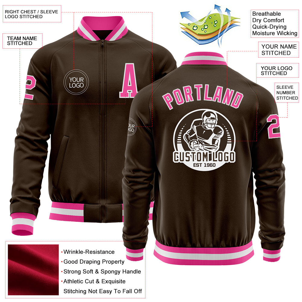 Custom Brown Pink-White Bomber Varsity Letterman Zipper Jacket view 4