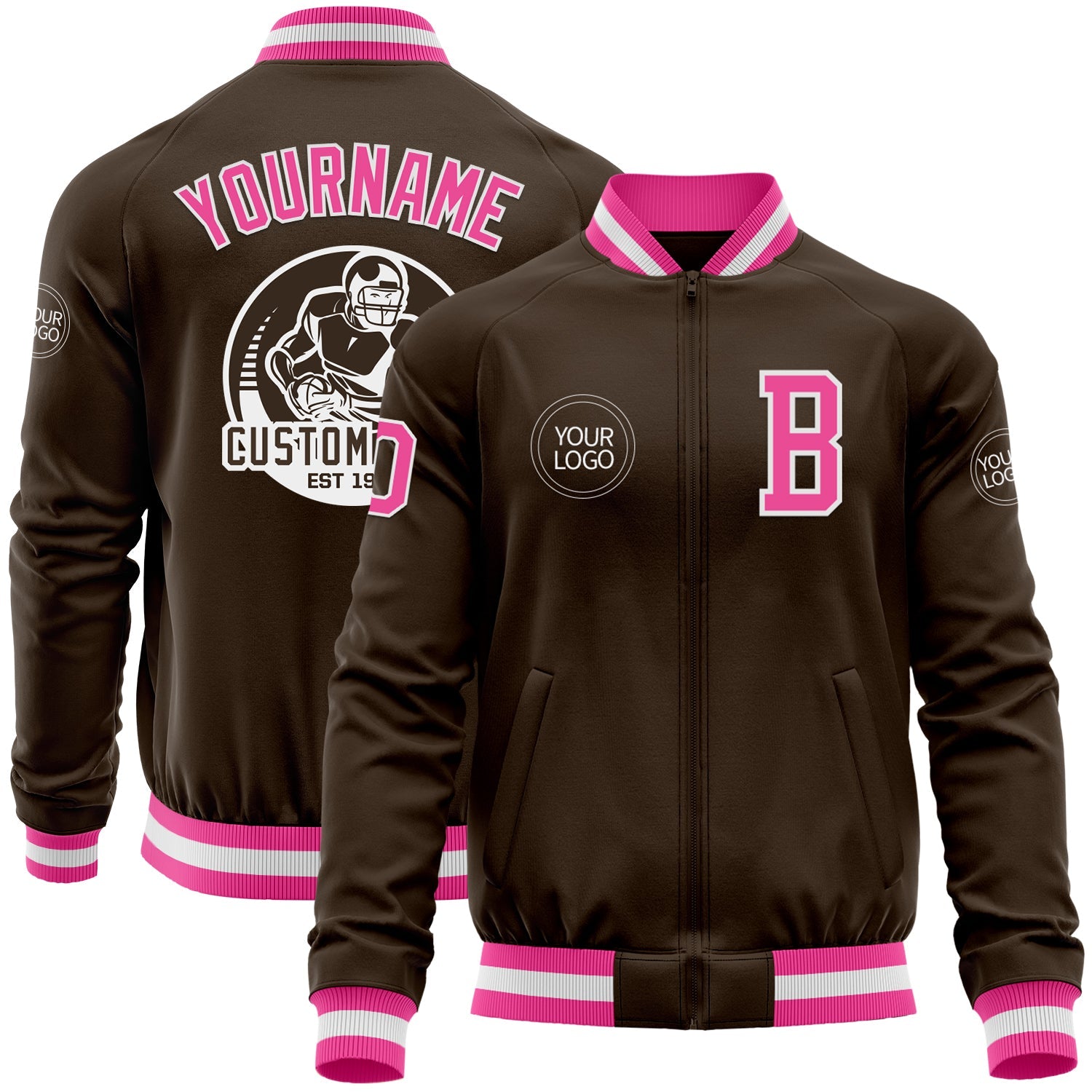 Custom Brown Pink-White Bomber Varsity Letterman Zipper Jacket - Main View