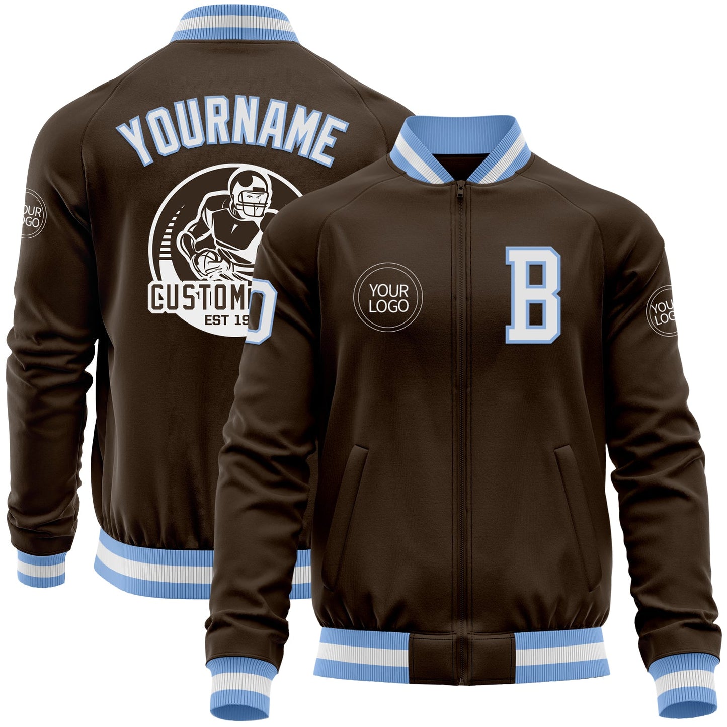 Custom Brown White-Light Blue Bomber Varsity Letterman Zipper Jacket - Main View