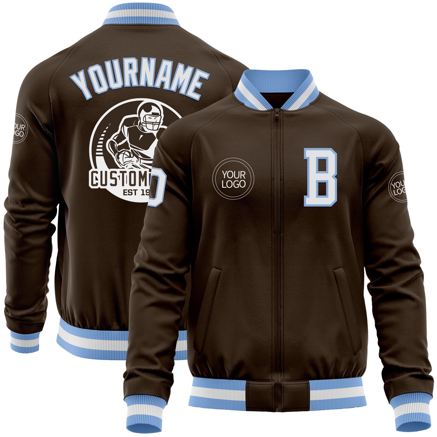 Custom Brown White-Light Blue Bomber Varsity Letterman Zipper Jacket - Main View