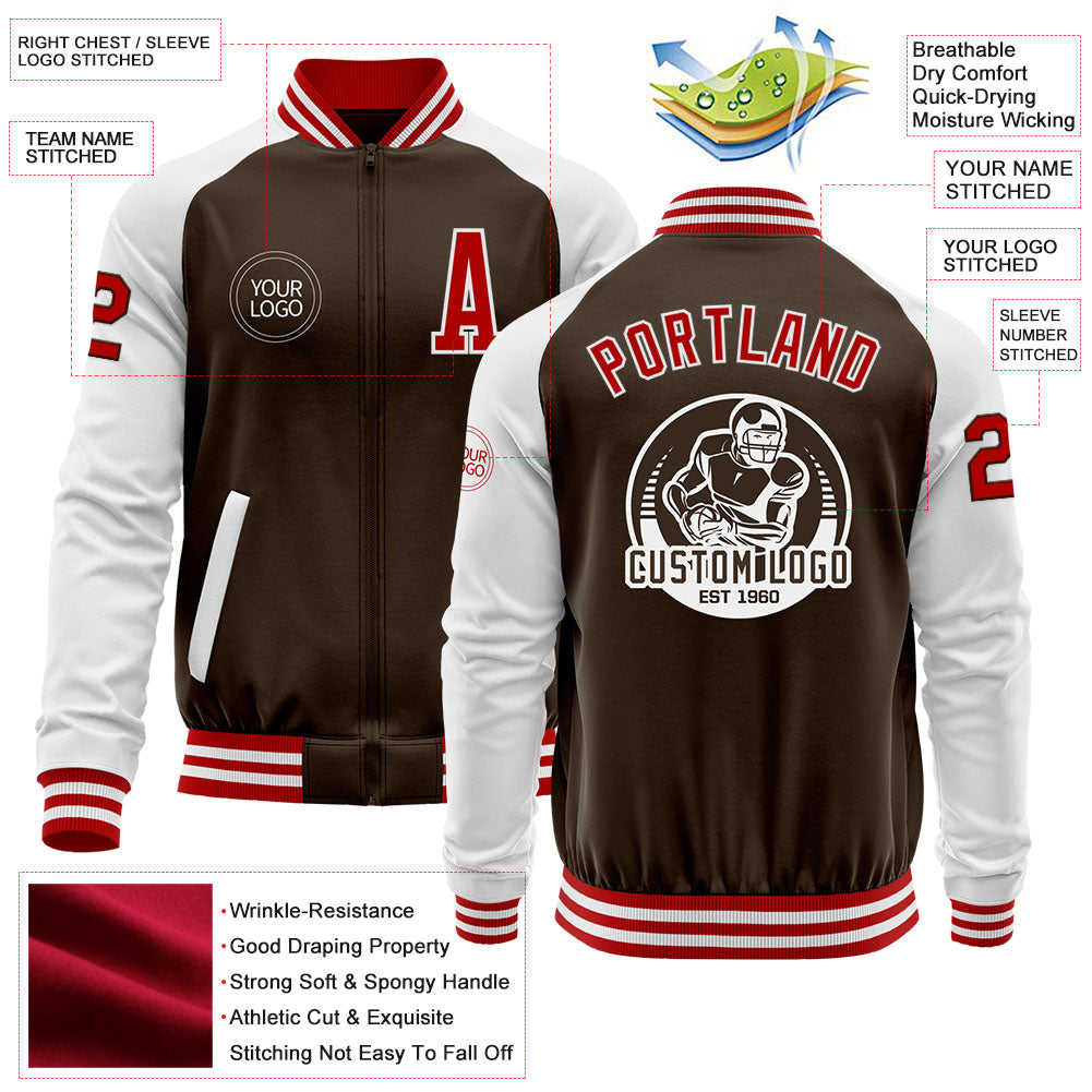 Custom Brown Red-White Bomber Varsity Letterman Two Tone Zipper Jacket view 4