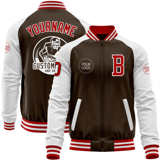Custom Brown Red-White Bomber Varsity Letterman Two Tone Zipper Jacket - Main View