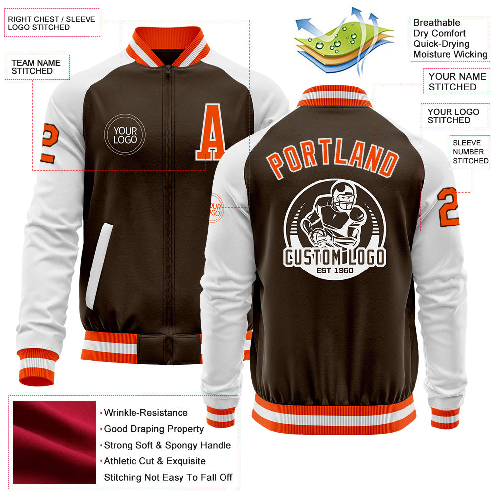 Custom Brown Orange-White Bomber Varsity Letterman Two Tone Zipper Jacket view 4