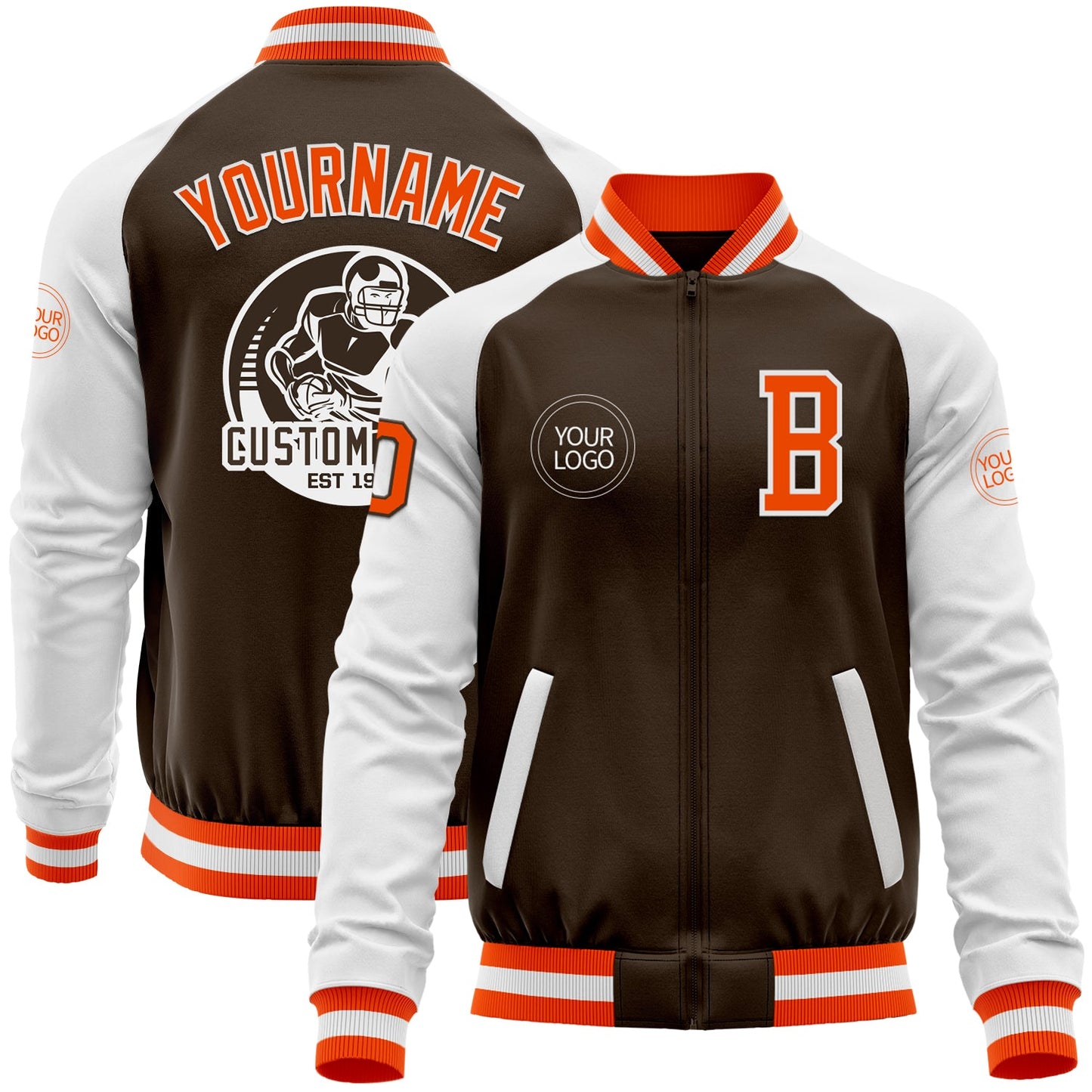 Custom Brown Orange-White Bomber Varsity Letterman Two Tone Zipper Jacket - Main View