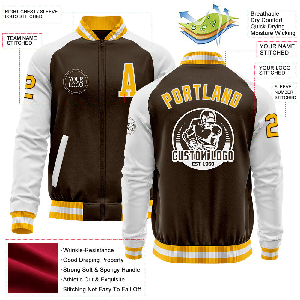 Custom Brown Gold-White Bomber Varsity Letterman Two Tone Zipper Jacket view 4